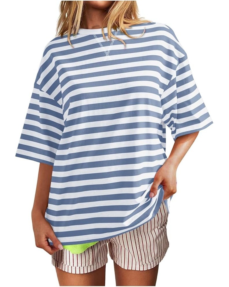 Women Summer Casual Round Neck Loose T Shirt Fashionable Striped Gradient Printed Cuffed Short Sleeved T Shirt Blue-3 $10.32 ...