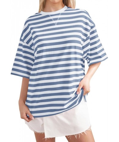 Women Summer Casual Round Neck Loose T Shirt Fashionable Striped Gradient Printed Cuffed Short Sleeved T Shirt Blue-3 $10.32 ...