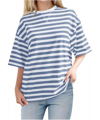 Women Summer Casual Round Neck Loose T Shirt Fashionable Striped Gradient Printed Cuffed Short Sleeved T Shirt Blue-3 $10.32 ...