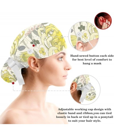 Scrub Hat White Chrysanthemum Pattern Adjustable Working Cap with Button Bow Hair Scrunchies for Women Color 10 $9.49 Skullie...