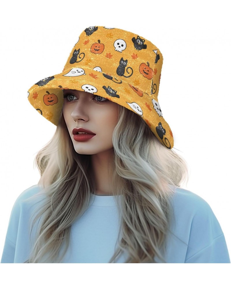 Halloween Pumpkin Fuzzy Bucket Hat for Women Warm Sun Cap Furry Bucket Hat for Sports $14.39 Bucket Hats