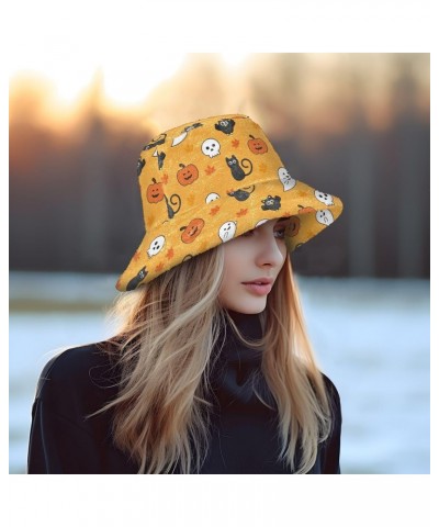 Halloween Pumpkin Fuzzy Bucket Hat for Women Warm Sun Cap Furry Bucket Hat for Sports $14.39 Bucket Hats