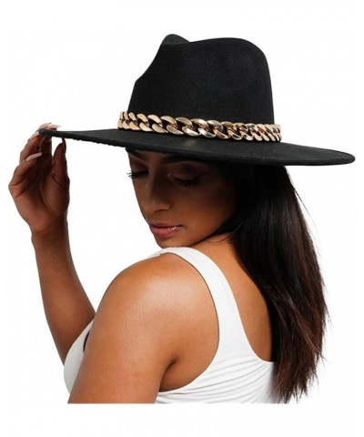 Women Fedora Hat Gold Chain Felted Hat Men Jazz Cap Ladies Church Party Panama Wide Brim Hat Black $20.28 Fedoras