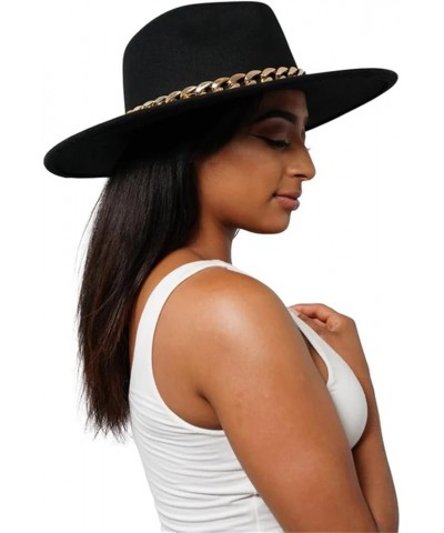 Women Fedora Hat Gold Chain Felted Hat Men Jazz Cap Ladies Church Party Panama Wide Brim Hat Black $20.28 Fedoras