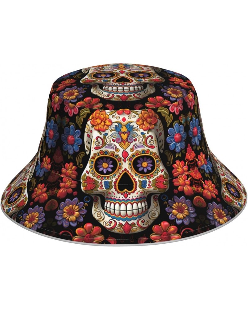 Sugar Skulls Bucket Hats for Women Men Sun Hat Fisherman Hats Travel Beach Hat Summer Fishing Cap Black $12.96 Bucket Hats