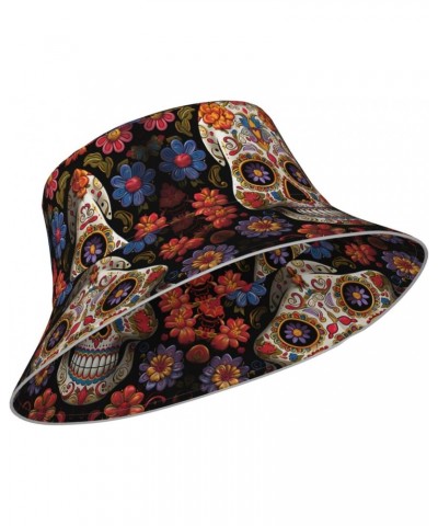 Sugar Skulls Bucket Hats for Women Men Sun Hat Fisherman Hats Travel Beach Hat Summer Fishing Cap Black $12.96 Bucket Hats