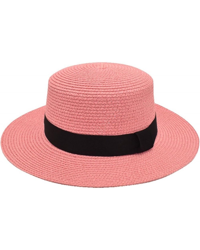 Mens and Womens Square Buckle Dome Panama Lafite Flat Top Straw Hat Summer Travel Cute Bucket Hats Men Pink $10.16 Bucket Hats