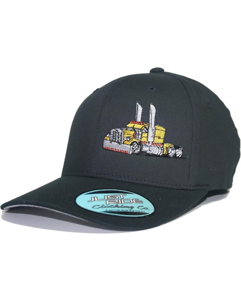 Trucker Hat Big Rig Tractor Semi Fitted Curved Bill Cap Truck Driver Black Hat Yellow Truck $21.66 Baseball Caps