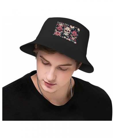 Flowers Skull Ornamental Pattern Fisherman Beanies for Men, Bucket Hats for Fishing, Sun Protection Hats with Regional Printi...