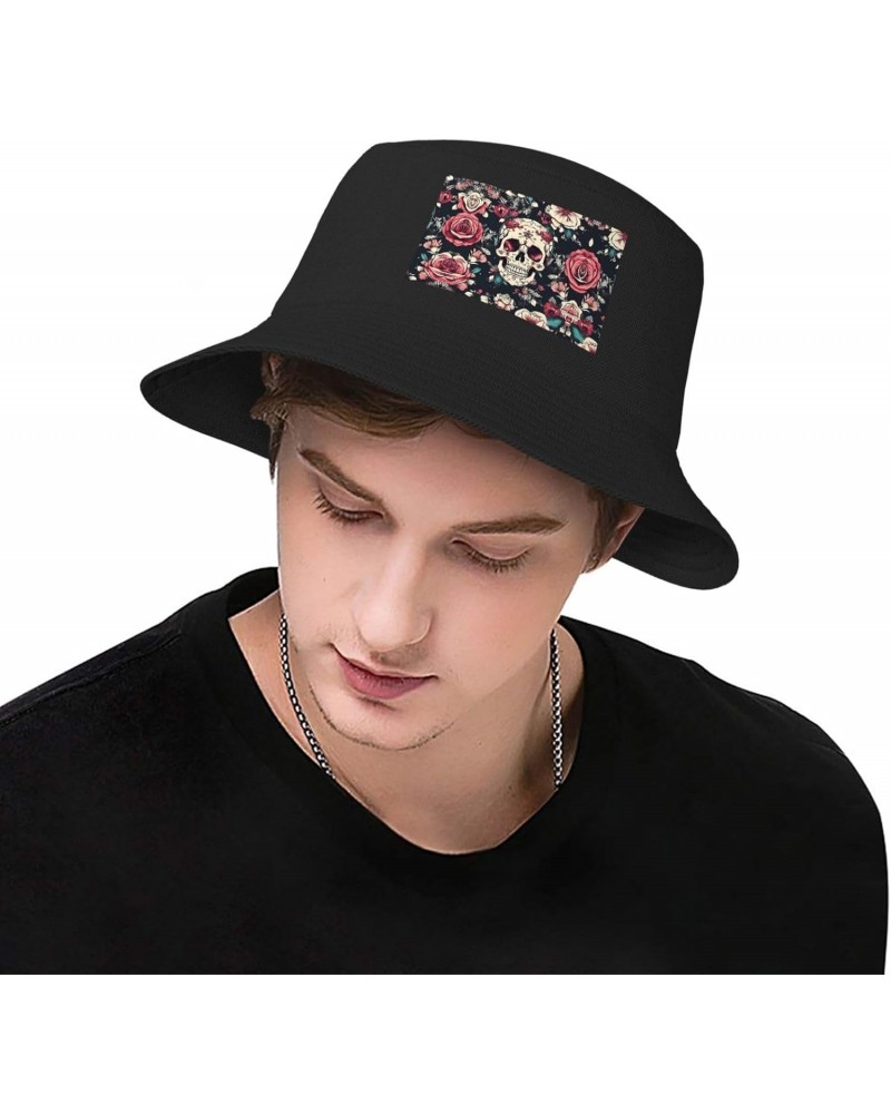 Flowers Skull Ornamental Pattern Fisherman Beanies for Men, Bucket Hats for Fishing, Sun Protection Hats with Regional Printi...