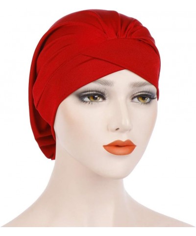 Fashion Women Solid India Hat Muslim Ruffle Cancer Chemo Beanie Turban Wrap Cap Flower Turban Headwear Braid Beanie Cap Red $...