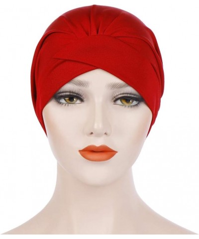 Fashion Women Solid India Hat Muslim Ruffle Cancer Chemo Beanie Turban Wrap Cap Flower Turban Headwear Braid Beanie Cap Red $...