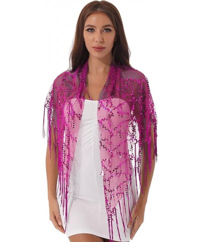 Women Sequin Tassel See-through Mesh Shawl Evening Party Wraps Cover Ups Fringed Scarf Outerwar Hot Pink $10.59 Scarves