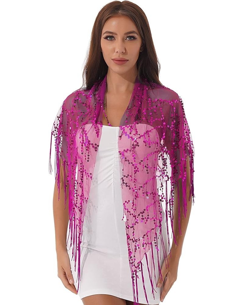 Women Sequin Tassel See-through Mesh Shawl Evening Party Wraps Cover Ups Fringed Scarf Outerwar Hot Pink $10.59 Scarves