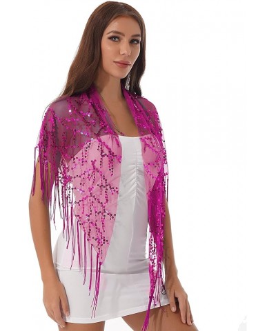 Women Sequin Tassel See-through Mesh Shawl Evening Party Wraps Cover Ups Fringed Scarf Outerwar Hot Pink $10.59 Scarves