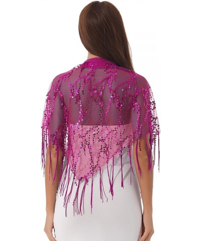 Women Sequin Tassel See-through Mesh Shawl Evening Party Wraps Cover Ups Fringed Scarf Outerwar Hot Pink $10.59 Scarves