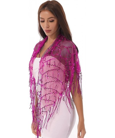 Women Sequin Tassel See-through Mesh Shawl Evening Party Wraps Cover Ups Fringed Scarf Outerwar Hot Pink $10.59 Scarves