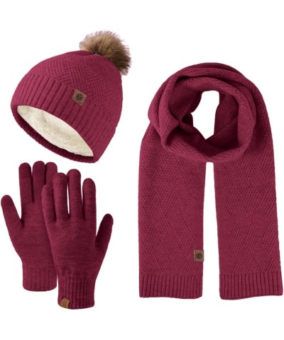 Mens Winter Beanie Hats Scarf Set Warm Wool Knitted Thick Cute Wool Hat Gloves Sets Mittens Scarves Sets Wine $21.46 Scarves