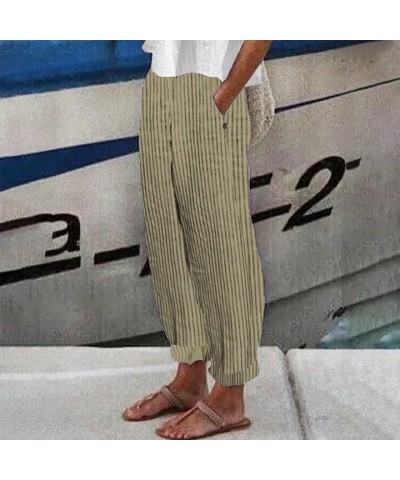 Women Summer Fashion Striped Print Button Casual Versatile Loose Nine Point Pants Travel Clothes for Women Khaki-3 $13.19 Sku...