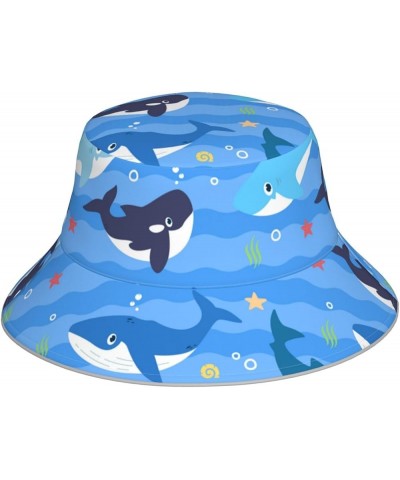 White and Blue Flowers Women's Bucket Hats Unisex Double-Side-Wear Reversible Bucket Hat with Reflective Strips Whale in Ocea...