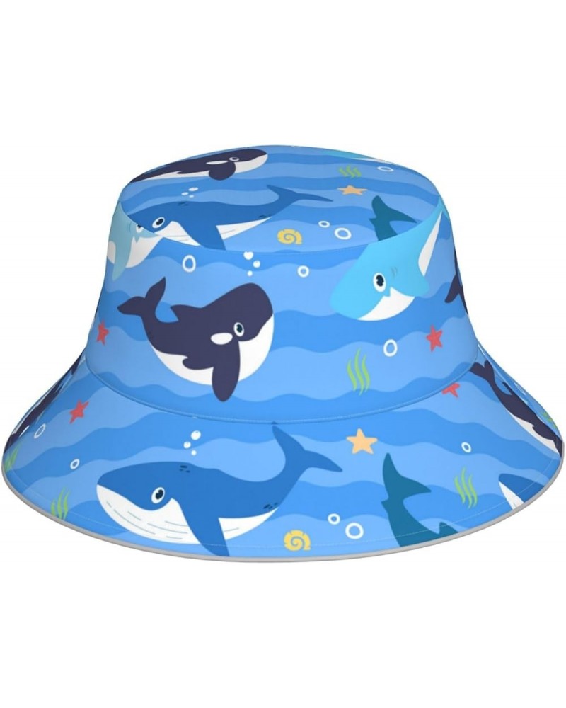 White and Blue Flowers Women's Bucket Hats Unisex Double-Side-Wear Reversible Bucket Hat with Reflective Strips Whale in Ocea...