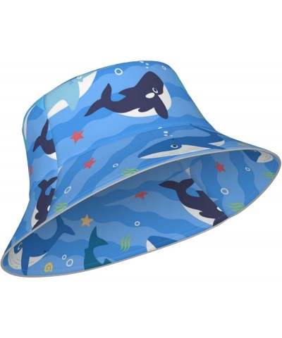 White and Blue Flowers Women's Bucket Hats Unisex Double-Side-Wear Reversible Bucket Hat with Reflective Strips Whale in Ocea...