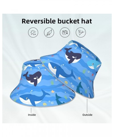 White and Blue Flowers Women's Bucket Hats Unisex Double-Side-Wear Reversible Bucket Hat with Reflective Strips Whale in Ocea...