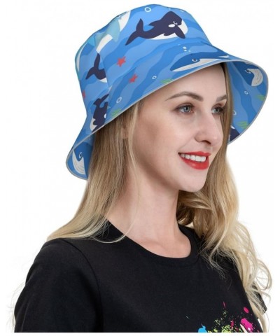 White and Blue Flowers Women's Bucket Hats Unisex Double-Side-Wear Reversible Bucket Hat with Reflective Strips Whale in Ocea...