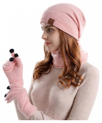 Womens and Mens Knitting Wool Hat Winter Warm Scarf Hat Gloves Three Piece Suit Windproof Ski Cycling Hat Pink $9.88 Skullies...