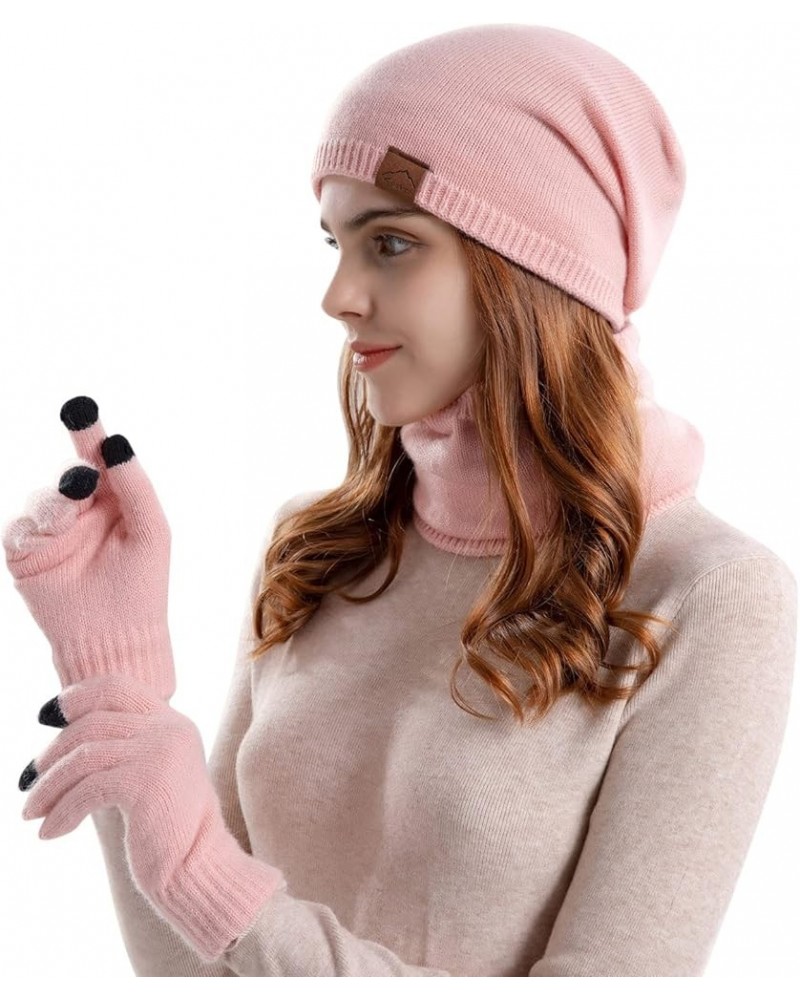 Womens and Mens Knitting Wool Hat Winter Warm Scarf Hat Gloves Three Piece Suit Windproof Ski Cycling Hat Pink $9.88 Skullies...