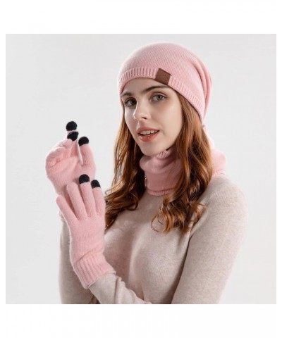 Womens and Mens Knitting Wool Hat Winter Warm Scarf Hat Gloves Three Piece Suit Windproof Ski Cycling Hat Pink $9.88 Skullies...