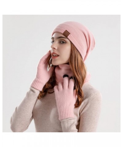 Womens and Mens Knitting Wool Hat Winter Warm Scarf Hat Gloves Three Piece Suit Windproof Ski Cycling Hat Pink $9.88 Skullies...