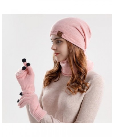 Womens and Mens Knitting Wool Hat Winter Warm Scarf Hat Gloves Three Piece Suit Windproof Ski Cycling Hat Pink $9.88 Skullies...