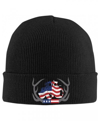 Antler Farm Tractor American Flag Retro Knitted Hat Hat Men Womens Cozy Warm Beanie Hats Black $11.59 Skullies & Beanies