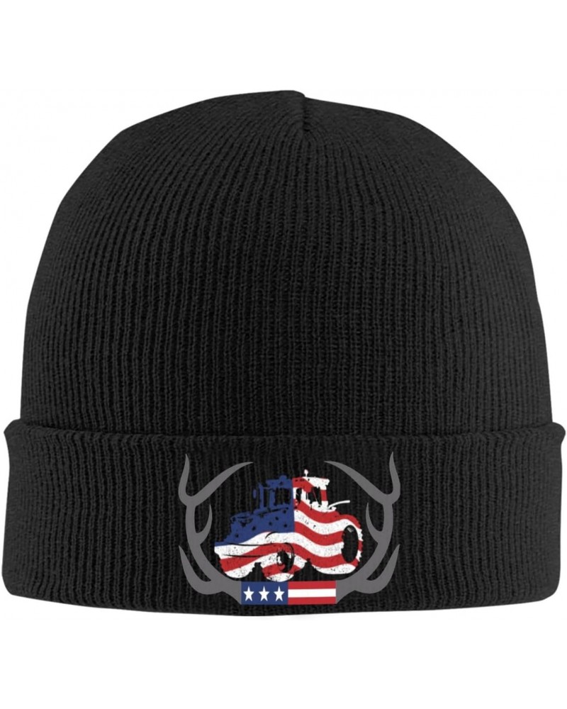 Antler Farm Tractor American Flag Retro Knitted Hat Hat Men Womens Cozy Warm Beanie Hats Black $11.59 Skullies & Beanies