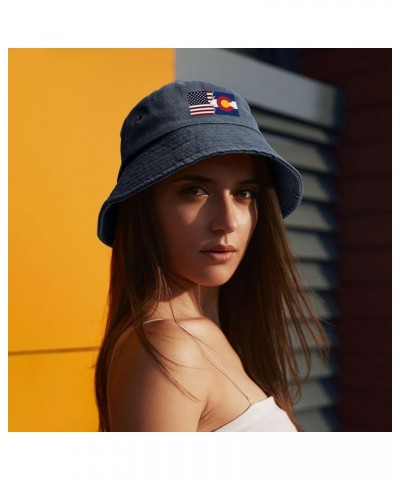 Ripped Style American and Flag of Colorado Bucket Hat for Men Women Outdoor Washed Cotton Sun Hats Travel Beach Hat Navy Blue...