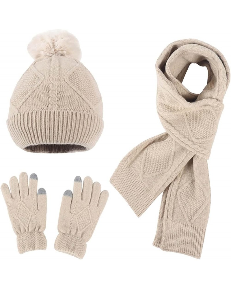 Winter Wool Knitted Hat Scarf Gloves Fashion Warm Three Piece Set Hat Gloves Scarf Set Beige $14.51 Scarves