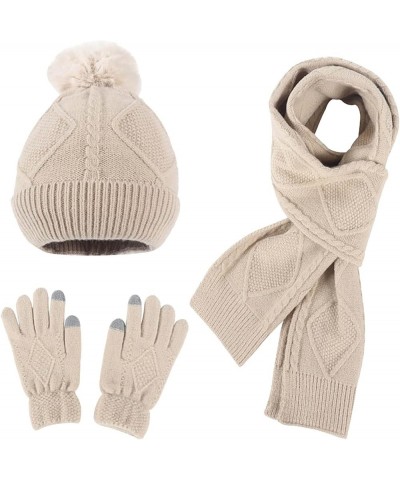 Winter Wool Knitted Hat Scarf Gloves Fashion Warm Three Piece Set Hat Gloves Scarf Set Beige $14.51 Scarves