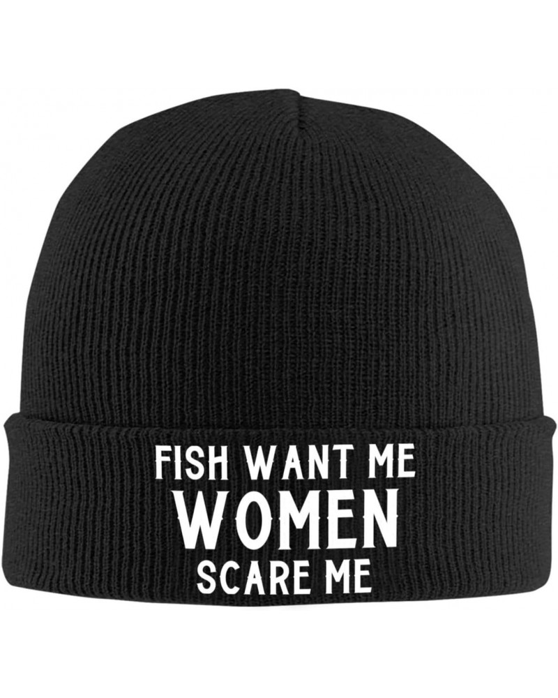 Fish Want Me Women Scare Me Mens Winter Beanie Hats Warm Knit Hats Skull Cap Print Winter Hat for Women Black $10.25 Skullies...