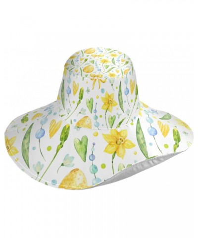 Sun Beach Hat Easter Eggs Yellow Flowers Wide Brimmed Sunhats with Chin Strap Summer Hat UV Protection Cap for Women Fishing ...