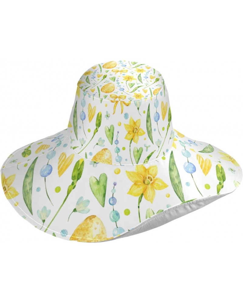 Sun Beach Hat Easter Eggs Yellow Flowers Wide Brimmed Sunhats with Chin Strap Summer Hat UV Protection Cap for Women Fishing ...