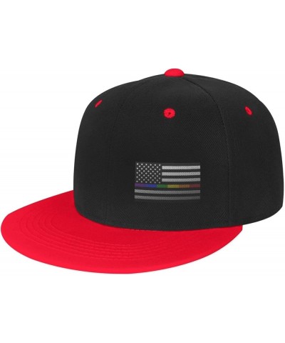 Mesh Style United States Rainbow Fine Line Flag Snapback Hat Flat Bill Hat Baseball Cap for Men Women Flat Brim Hats Red $9.8...