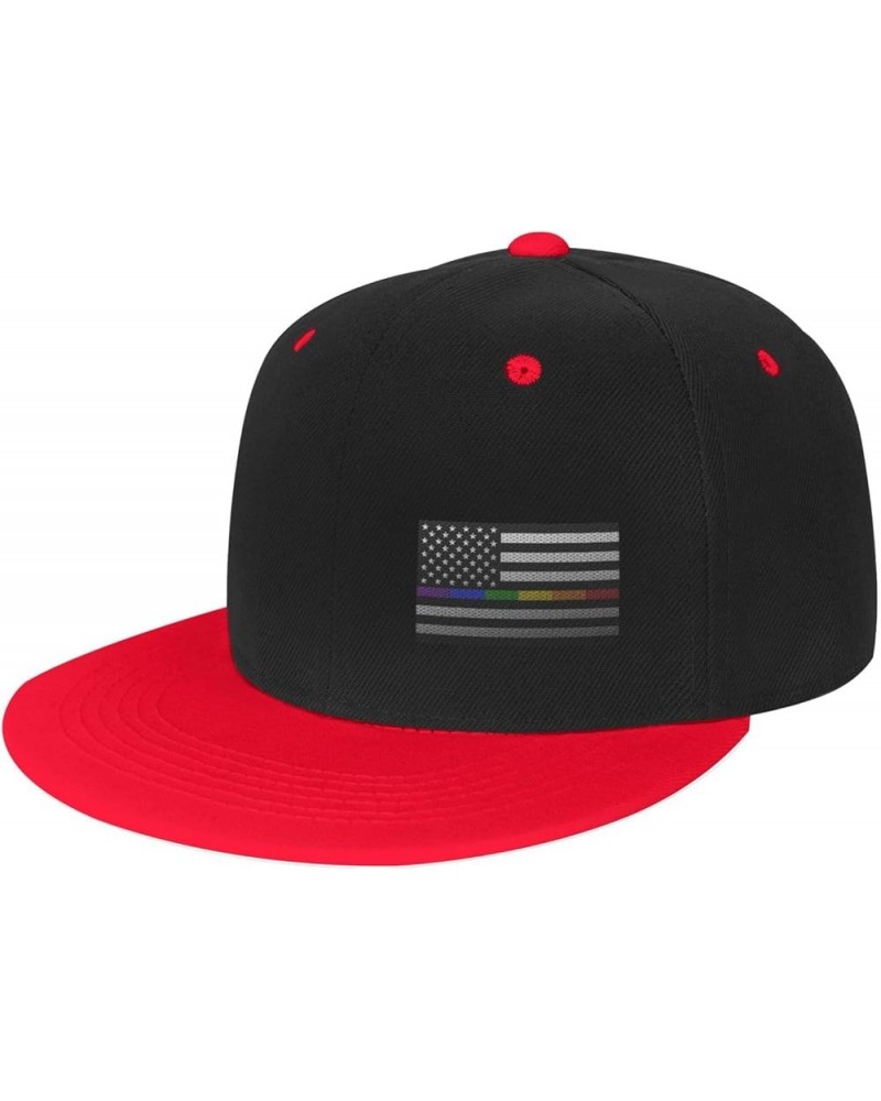 Mesh Style United States Rainbow Fine Line Flag Snapback Hat Flat Bill Hat Baseball Cap for Men Women Flat Brim Hats Red $9.8...