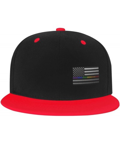 Mesh Style United States Rainbow Fine Line Flag Snapback Hat Flat Bill Hat Baseball Cap for Men Women Flat Brim Hats Red $9.8...