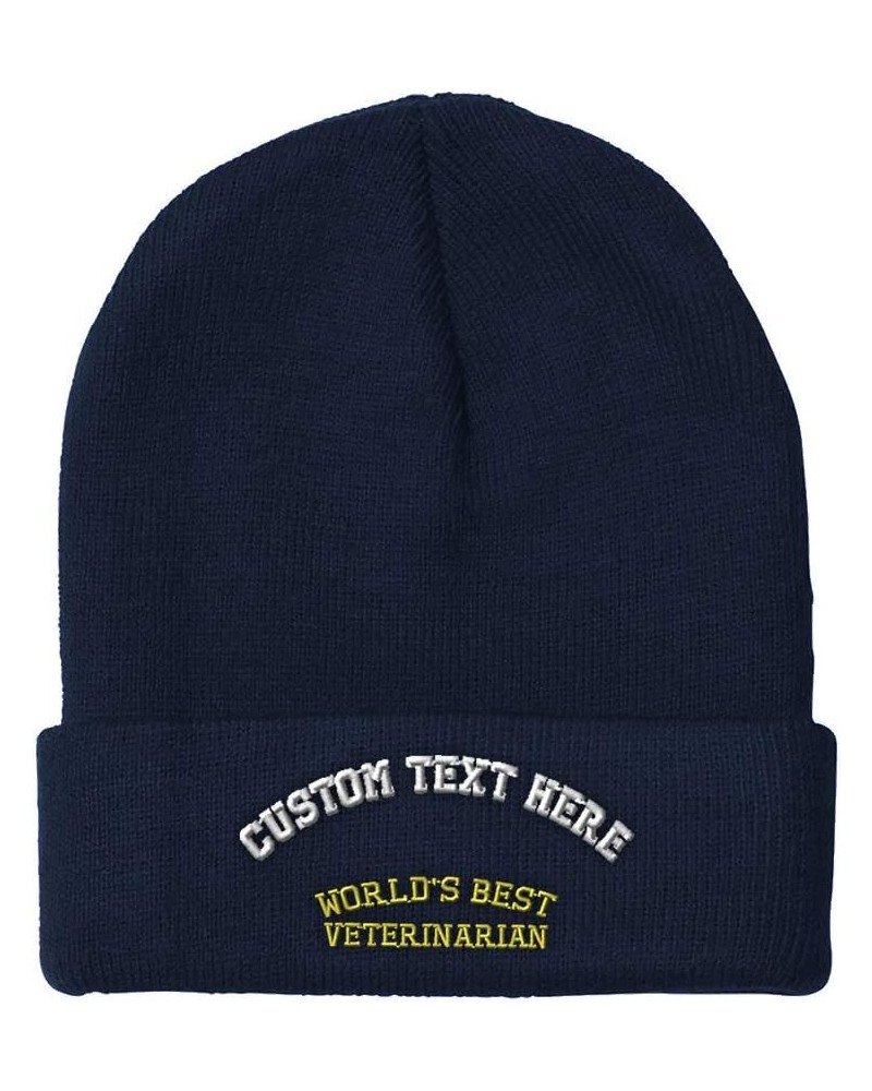 Custom Beanies for Men Worlds Best Veterinarian Embroidery Winter Hats for Women Acrylic Skull Cap 1 Size Navy Personalized T...