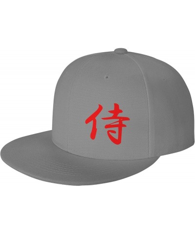 Japanese Kanji Samurai Bushido Flat Brim Cap Unisex Flat Bill Baseball Cap Gray $16.63 Baseball Caps