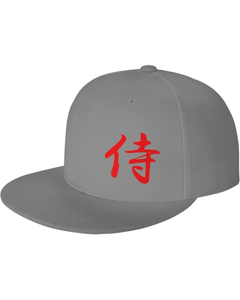 Japanese Kanji Samurai Bushido Flat Brim Cap Unisex Flat Bill Baseball Cap Gray $16.63 Baseball Caps