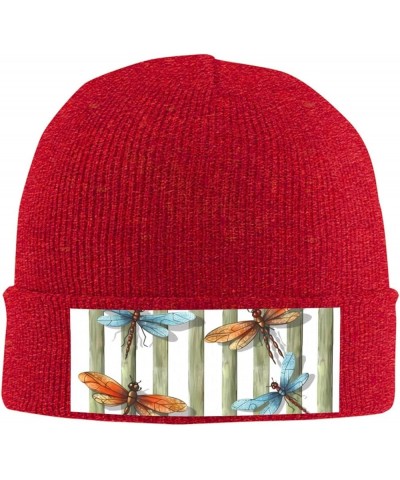 Dragonfly Fence Print Knit Beanie for Women Men Casual Knit Hat Winter Knit Cuffed Beanie Soft Hat Red $13.05 Skullies & Beanies