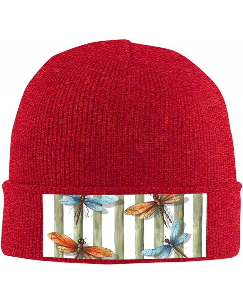 Dragonfly Fence Print Knit Beanie for Women Men Casual Knit Hat Winter Knit Cuffed Beanie Soft Hat Red $13.05 Skullies & Beanies