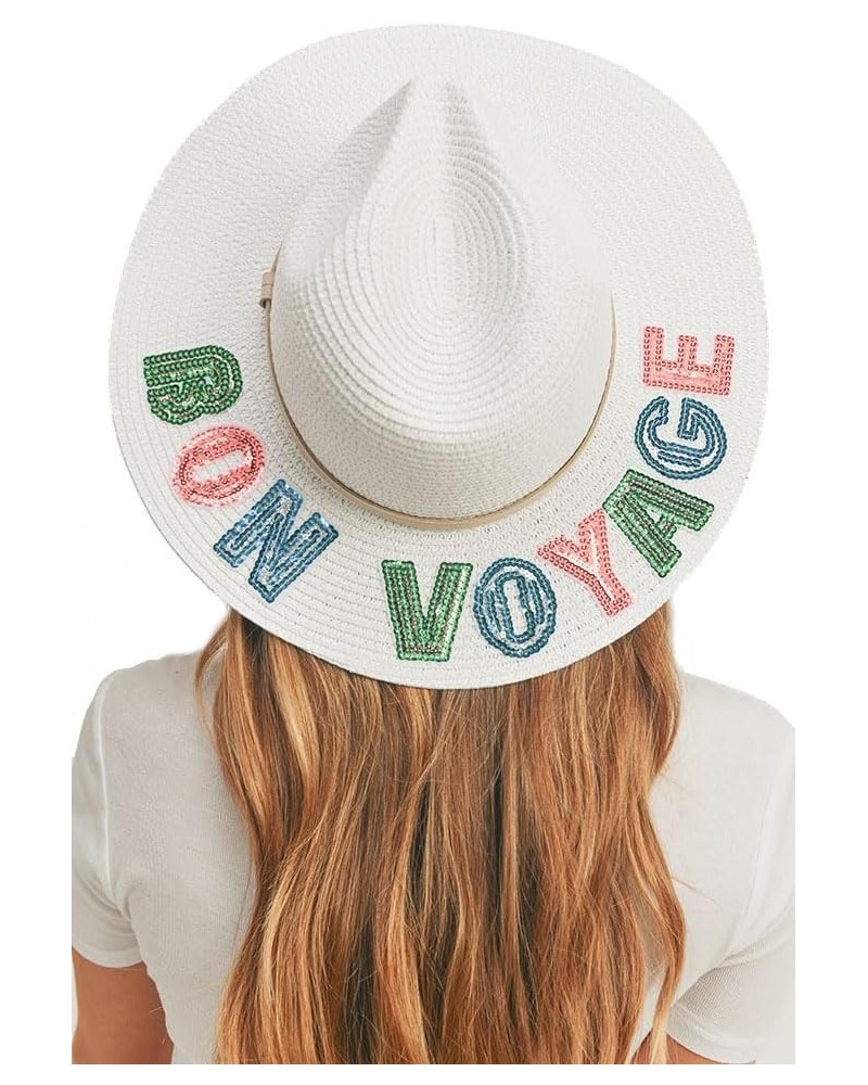 Women's Fashion Sequin Letter Sun Panama Hat Bon Voyage White $16.33 Sun Hats